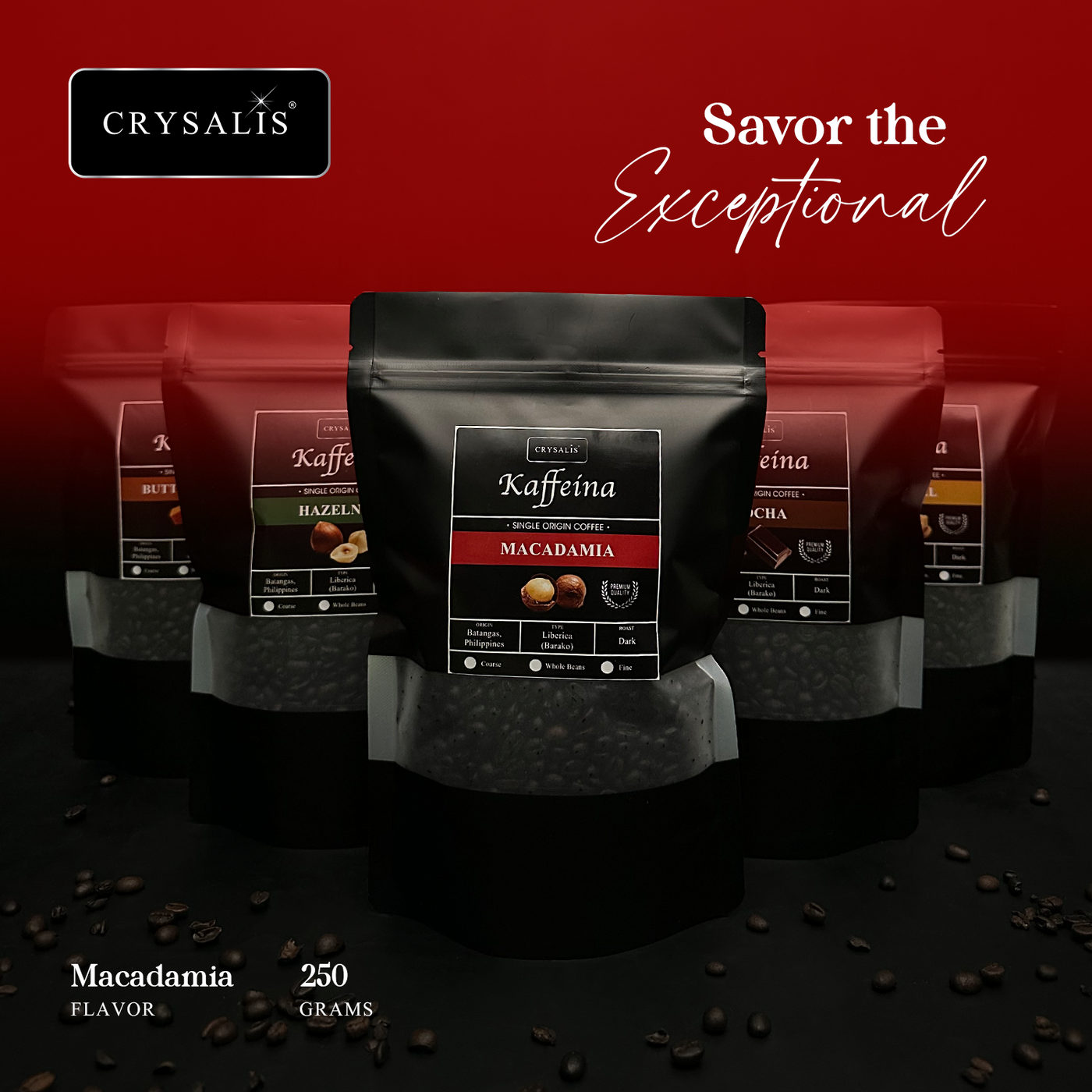 CRYSALIS PREMIUM KAFFEINA Coffee Beans 250g | 8.8oz Butterscotch | Caramel | Hazelnut | Macadamia | Mocha - Dark Coffee