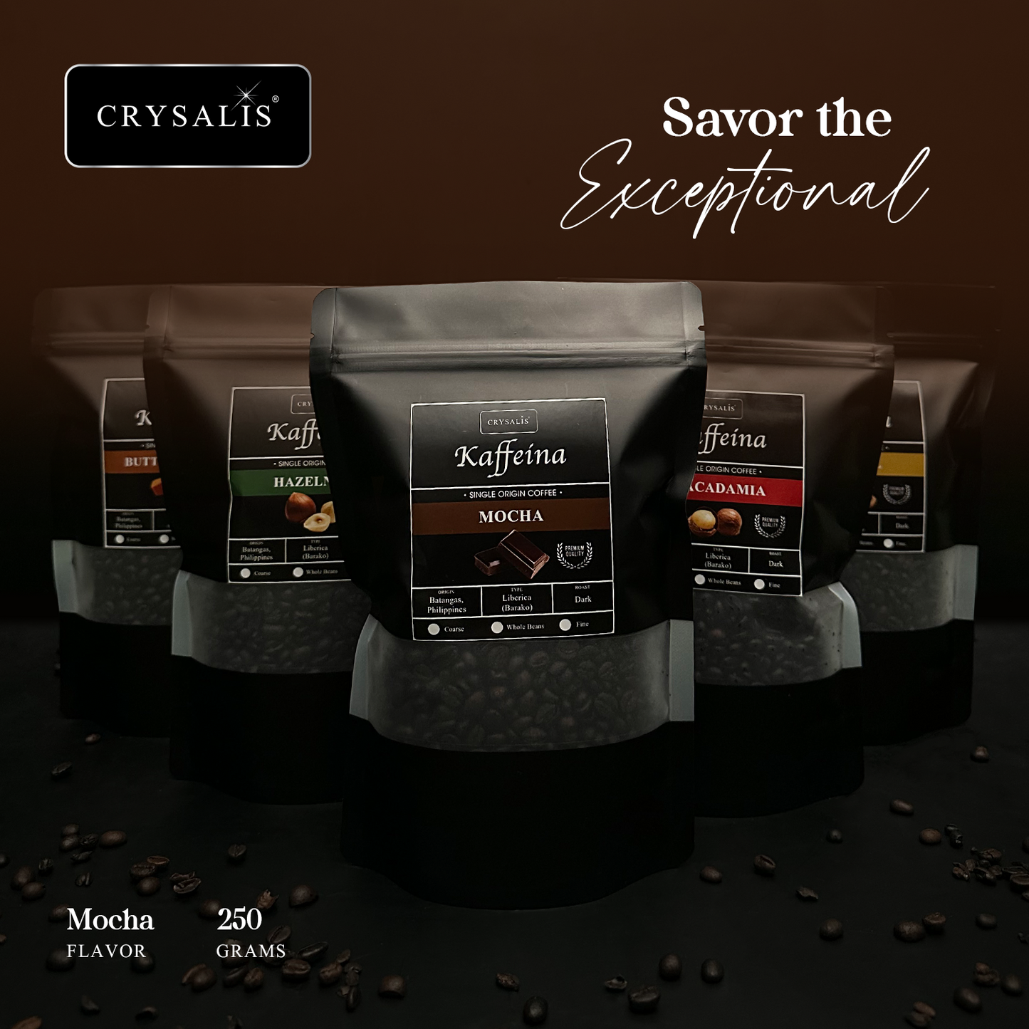 CRYSALIS PREMIUM KAFFEINA Coffee Beans 250g | 8.8oz Butterscotch | Caramel | Hazelnut | Macadamia | Mocha - Dark Coffee