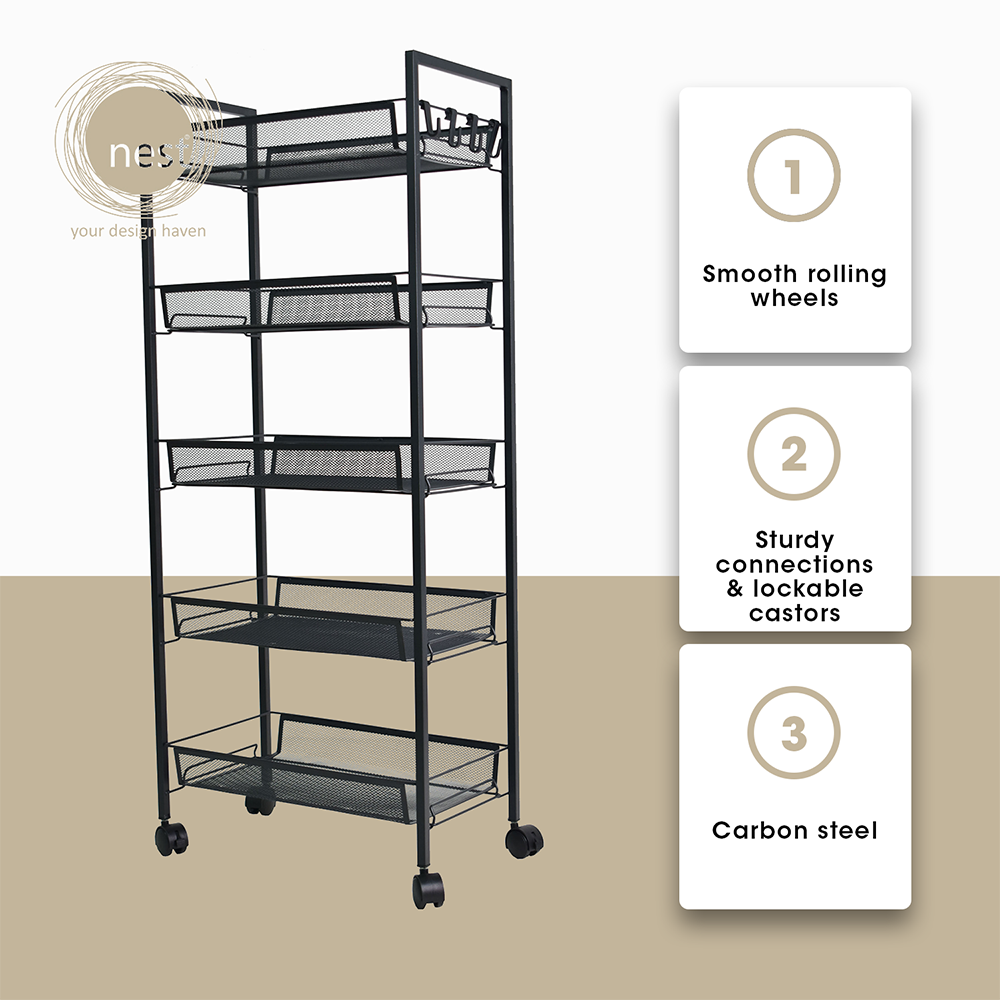 NEST DESIGN LAB 5 Multi-Tier Narrow Kitchen Storage Trolley Cart (Black)