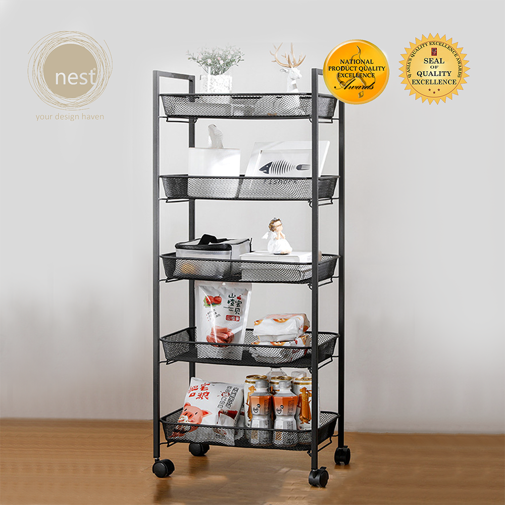 NEST DESIGN LAB 5 Multi-Tier Narrow Kitchen Storage Trolley Cart (Black)