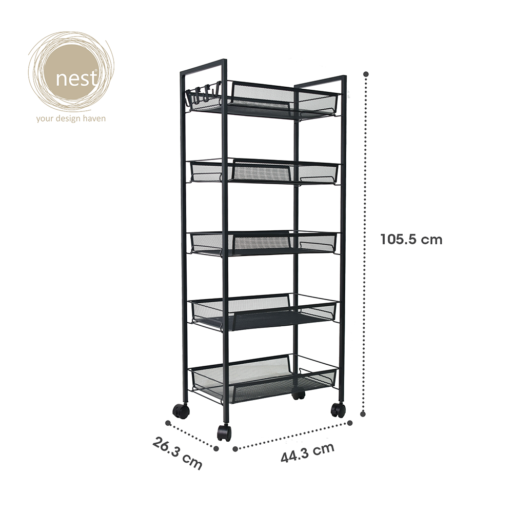 NEST DESIGN LAB 5 Multi-Tier Narrow Kitchen Storage Trolley Cart (Black)