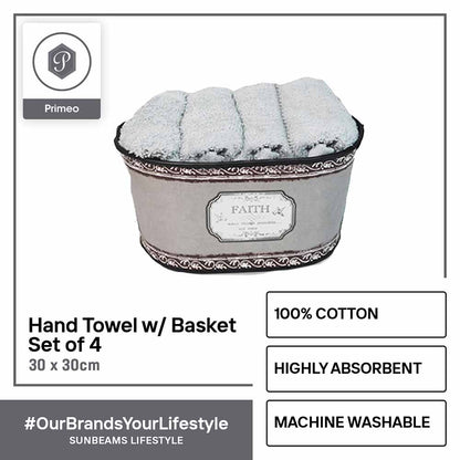 PRIMEO Premium 100% Cotton Hand Towel Set w/ Basket Set of 4