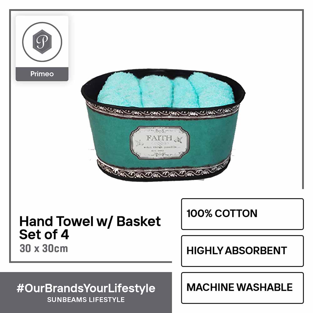 PRIMEO Premium 100% Cotton Hand Towel Set w/ Basket Set of 4