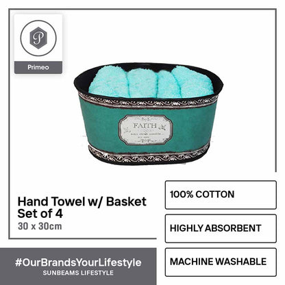 PRIMEO Premium 100% Cotton Hand Towel Set w/ Basket Set of 4