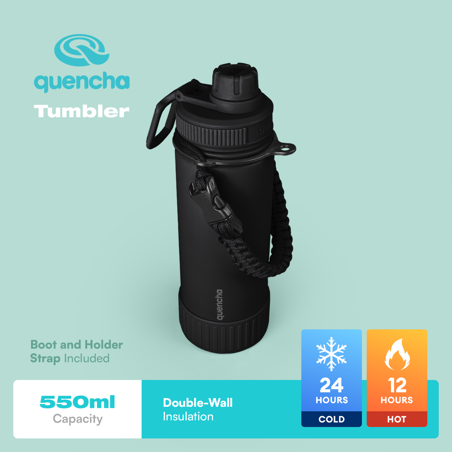 QUENCHA 19oz & 37oz Insulated Tumbler with Strap and Silicone Boot