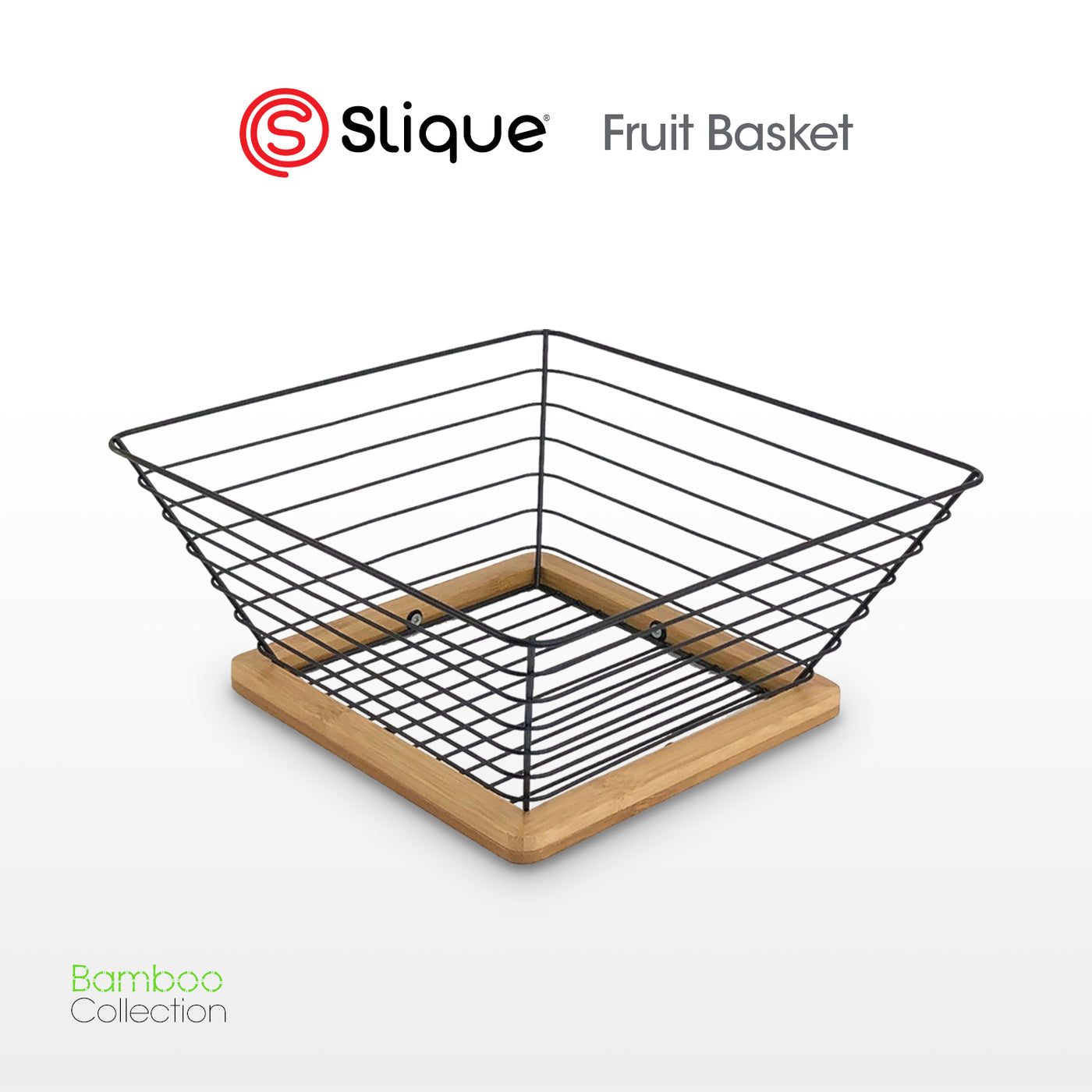 SLIQUE Premium Fruit Basket 25x25x10cm Serving Basket, Vegetable Basket, Bamboo Metal Wire Organizer