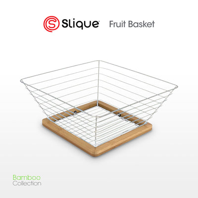 SLIQUE Premium Fruit Basket 25x25x10cm Serving Basket, Vegetable Basket, Bamboo Metal Wire Organizer