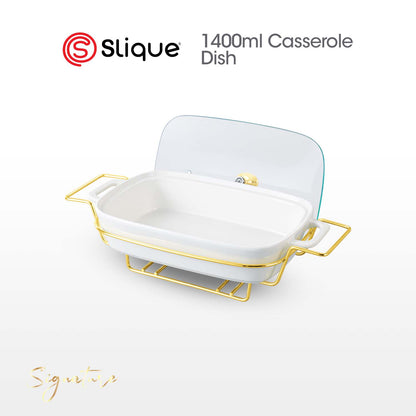 SLIQUE Casserole Serving Dish Rectangle - Signature Porcelain Collection Gold Stand with 2 Candle Burner