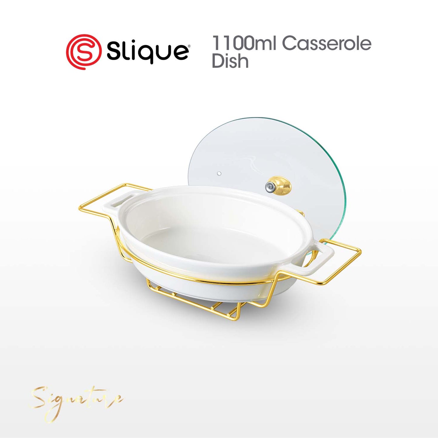 SLIQUE Casserole Serving Dish Oval - Signature Porcelain Collection Gold Stand with 2 Candle Burner