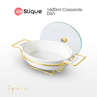 SLIQUE Casserole Serving Dish Oval - Signature Porcelain Collection Gold Stand with 2 Candle Burner