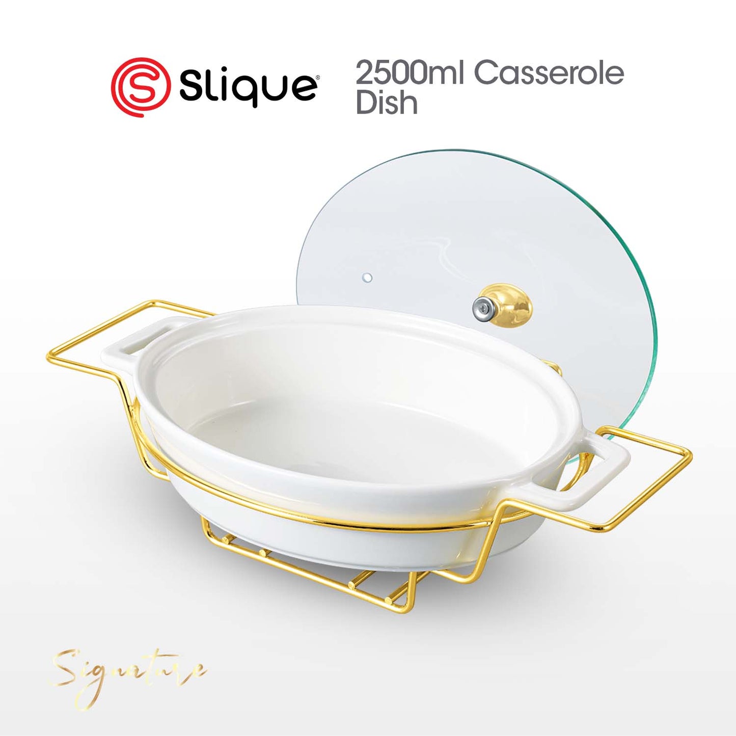 SLIQUE Casserole Serving Dish Oval - Signature Porcelain Collection Gold Stand with 2 Candle Burner