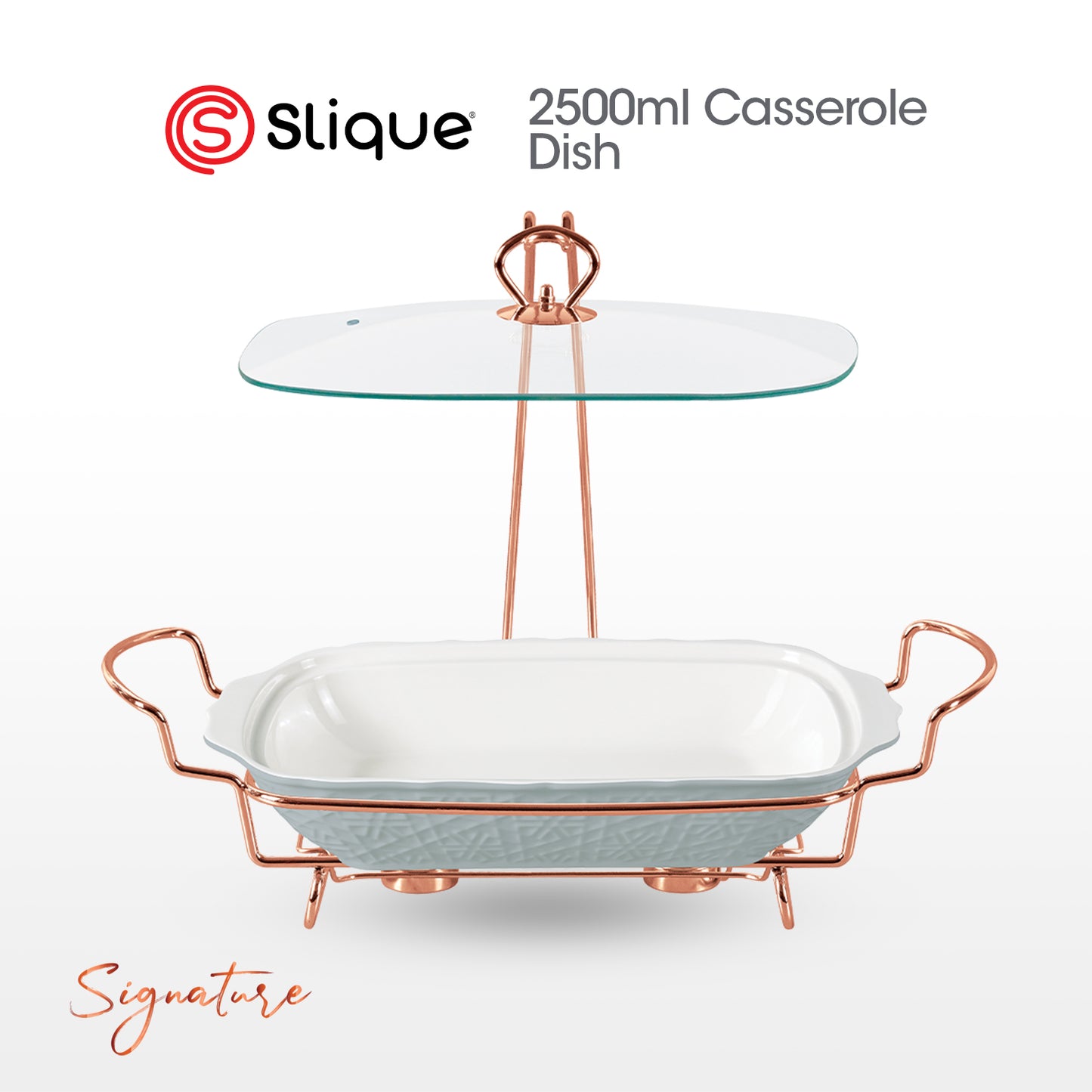 SLIQUE Casserole Serving Dish Rectangle, Signature Porcelain Collection Copper Stand with Candle Burner