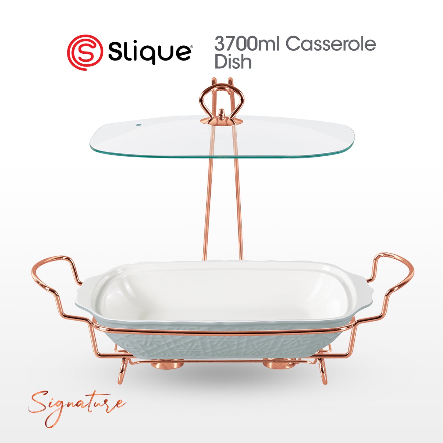 SLIQUE Casserole Serving Dish Rectangle, Signature Porcelain Collection Copper Stand with Candle Burner