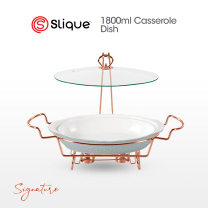 SLIQUE Casserole Serving Dish Oval, Signature Porcelain Collection Copper Stand with Candle Burner