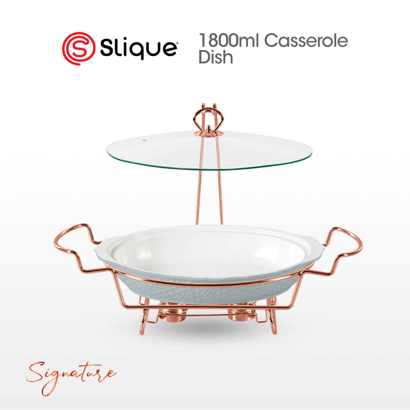 SLIQUE Casserole Serving Dish Oval, Signature Porcelain Collection Copper Stand with Candle Burner