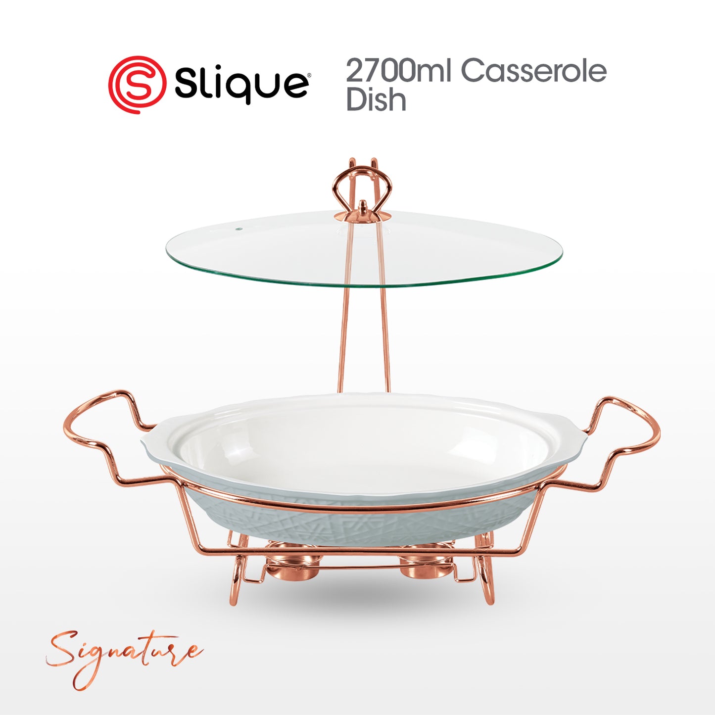 SLIQUE Casserole Serving Dish Oval, Signature Porcelain Collection Copper Stand with Candle Burner