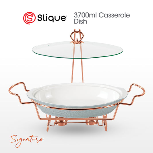 SLIQUE Casserole Serving Dish Oval, Signature Porcelain Collection Copper Stand with Candle Burner