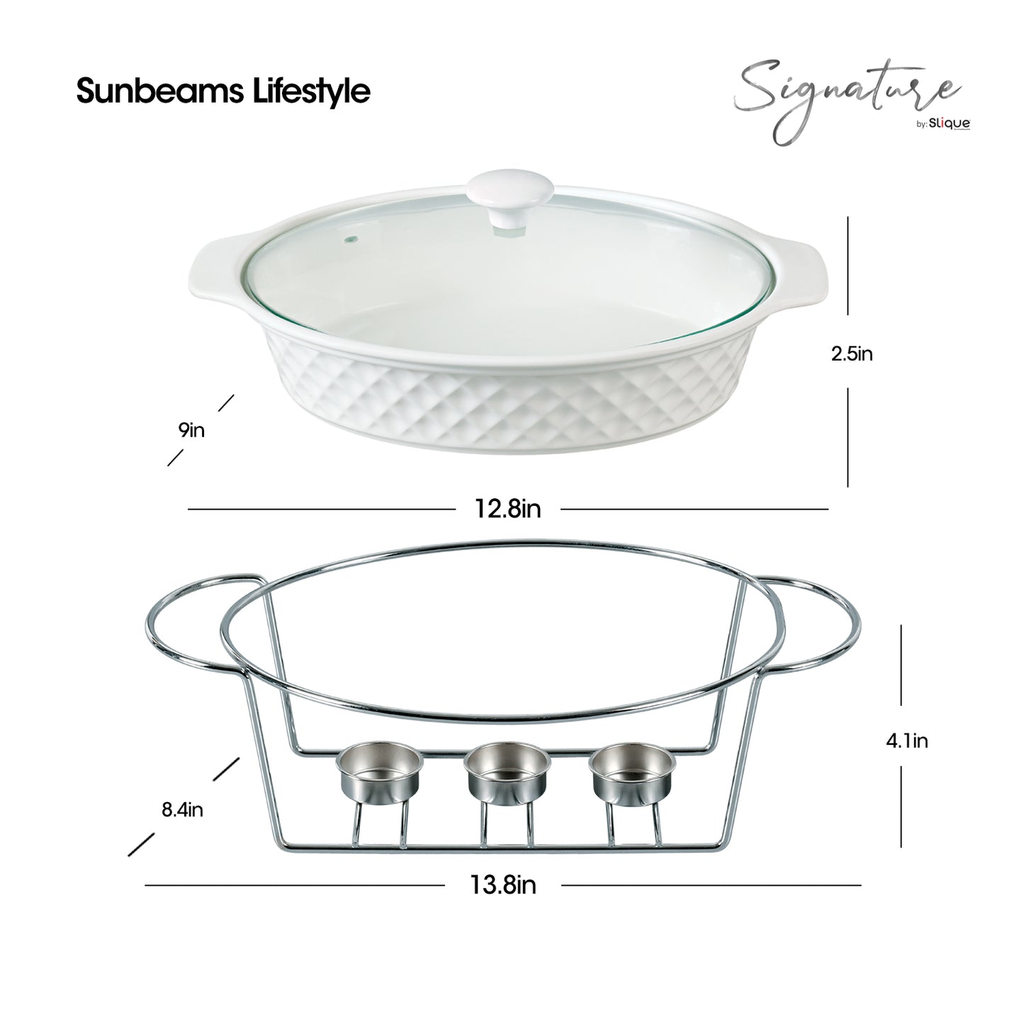 SLIQUE Casserole Serving Dish Oval, Signature Porcelain Collection Stand with Candle Burner