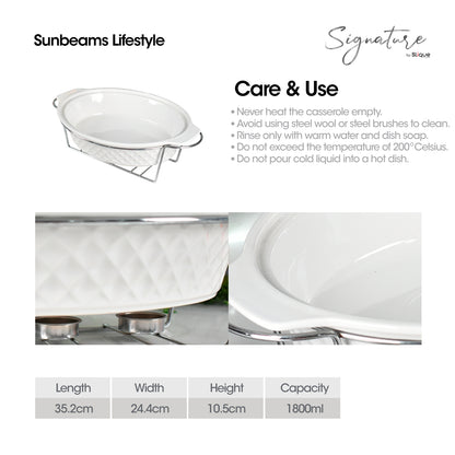 SLIQUE Casserole Serving Dish Oval, Signature Porcelain Collection Stand with Candle Burner