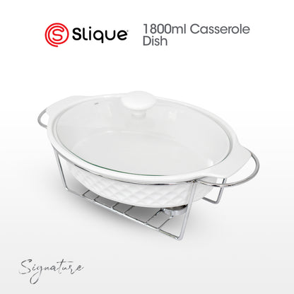 SLIQUE Casserole Serving Dish Oval, Signature Porcelain Collection Stand with Candle Burner