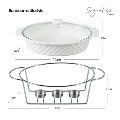 SLIQUE Casserole Serving Dish Oval, Signature Porcelain Collection Stand with Candle Burner