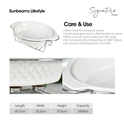 SLIQUE Casserole Serving Dish Oval, Signature Porcelain Collection Stand with Candle Burner