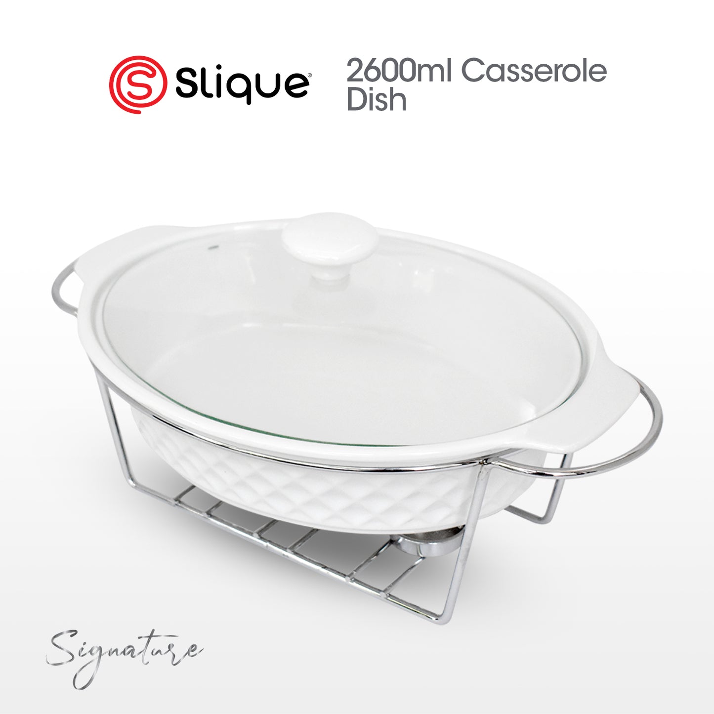 SLIQUE Casserole Serving Dish Oval, Signature Porcelain Collection Stand with Candle Burner