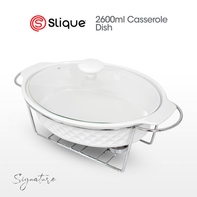 SLIQUE Casserole Serving Dish Oval, Signature Porcelain Collection Stand with Candle Burner