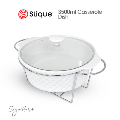 SLIQUE Premium Ceramic Round Casserole Dish with Silver Plated Tealight Candle Holder 3500ml