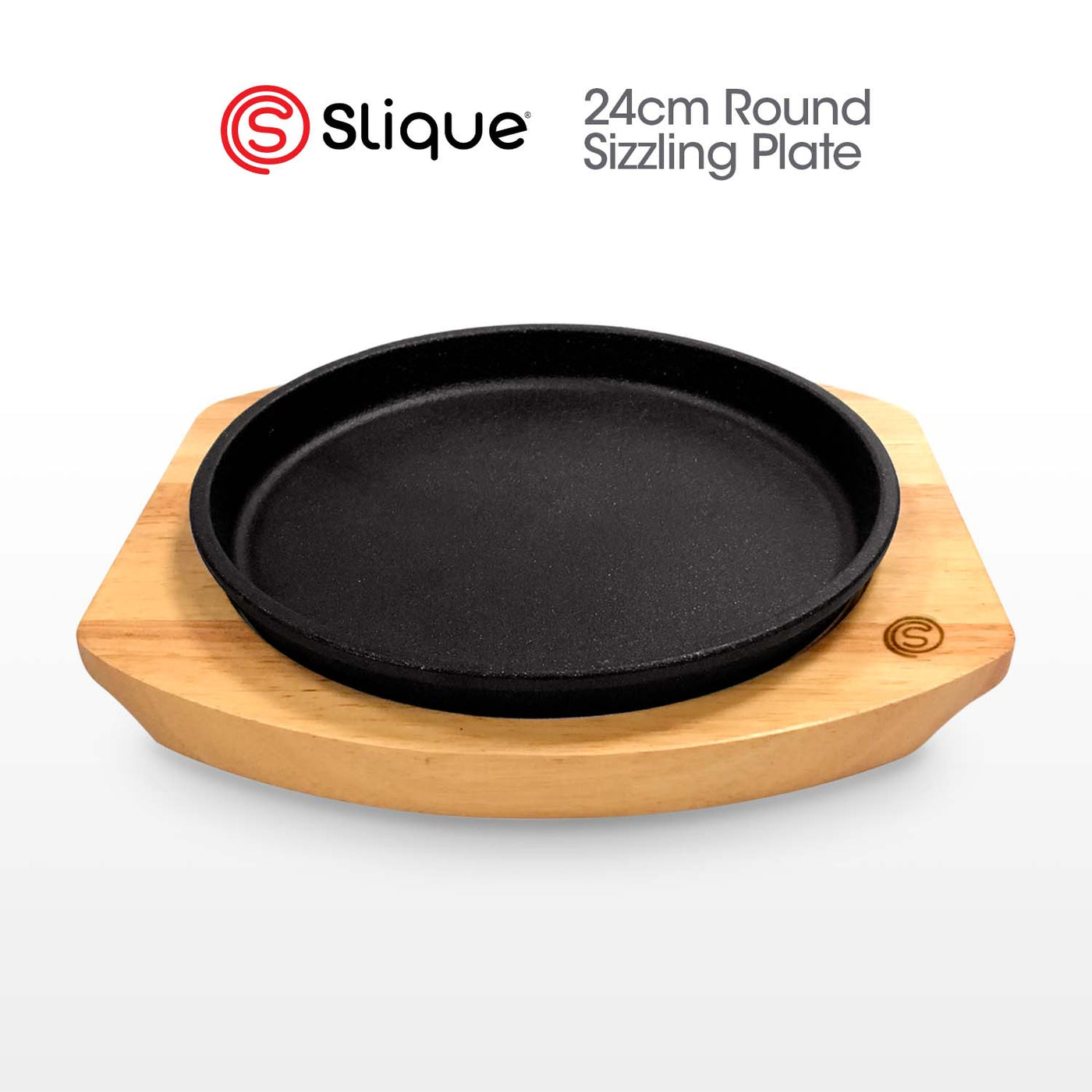 SLIQUE Premium Cast Iron Round Sizzling Plates w/ Original Rubber Wood Base 24cm