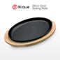 SLIQUE Premium Cast Iron Oval Sizzling Plates w/ Original Rubber Wood Base 29cm