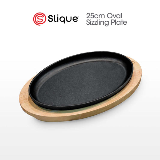 SLIQUE Premium Cast Iron Oval Sizzling Plates w/ Original Rubber Wood Base 25cm