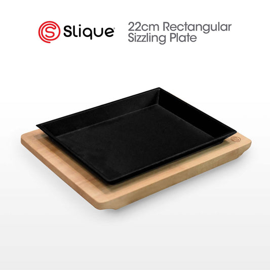 SLIQUE Premium Cast Iron Rectangular Sizzling Plates w/ Original Rubber Wood Base 22cm