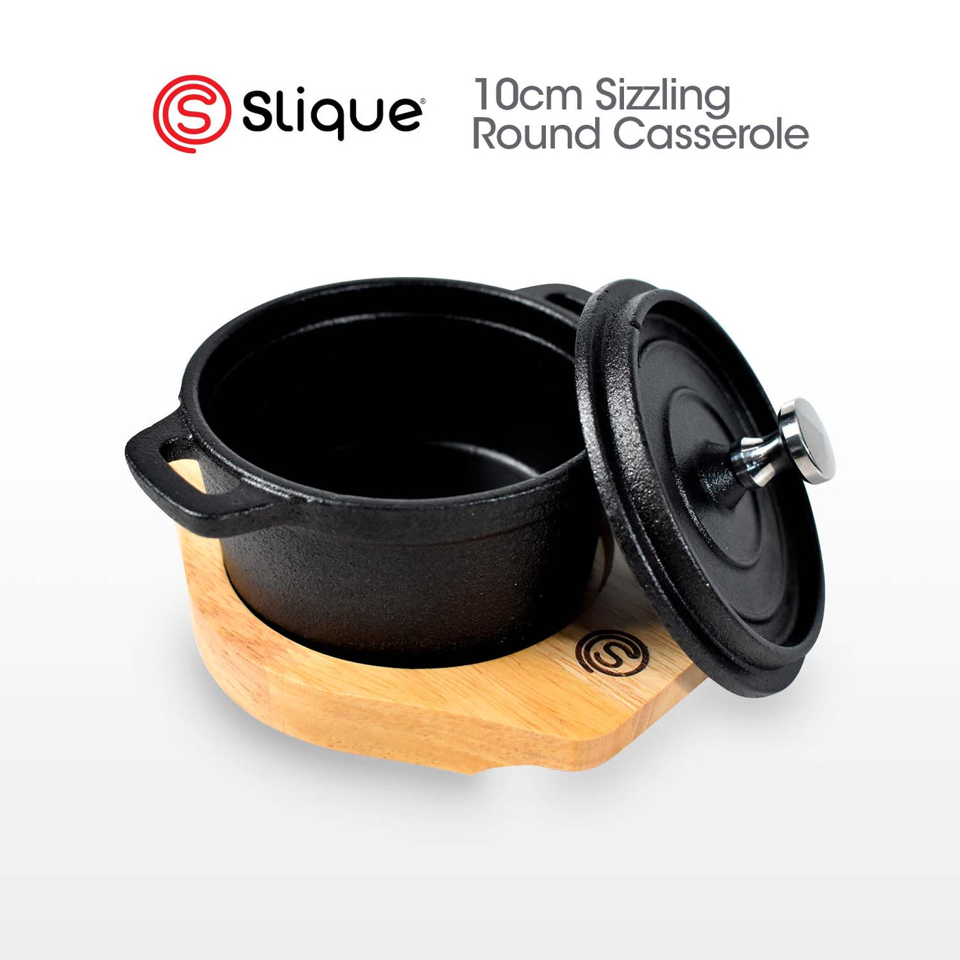 SLIQUE Premium Cast Iron Round Sizzling Casserole w/ Original Rubber Wood Base 10cm