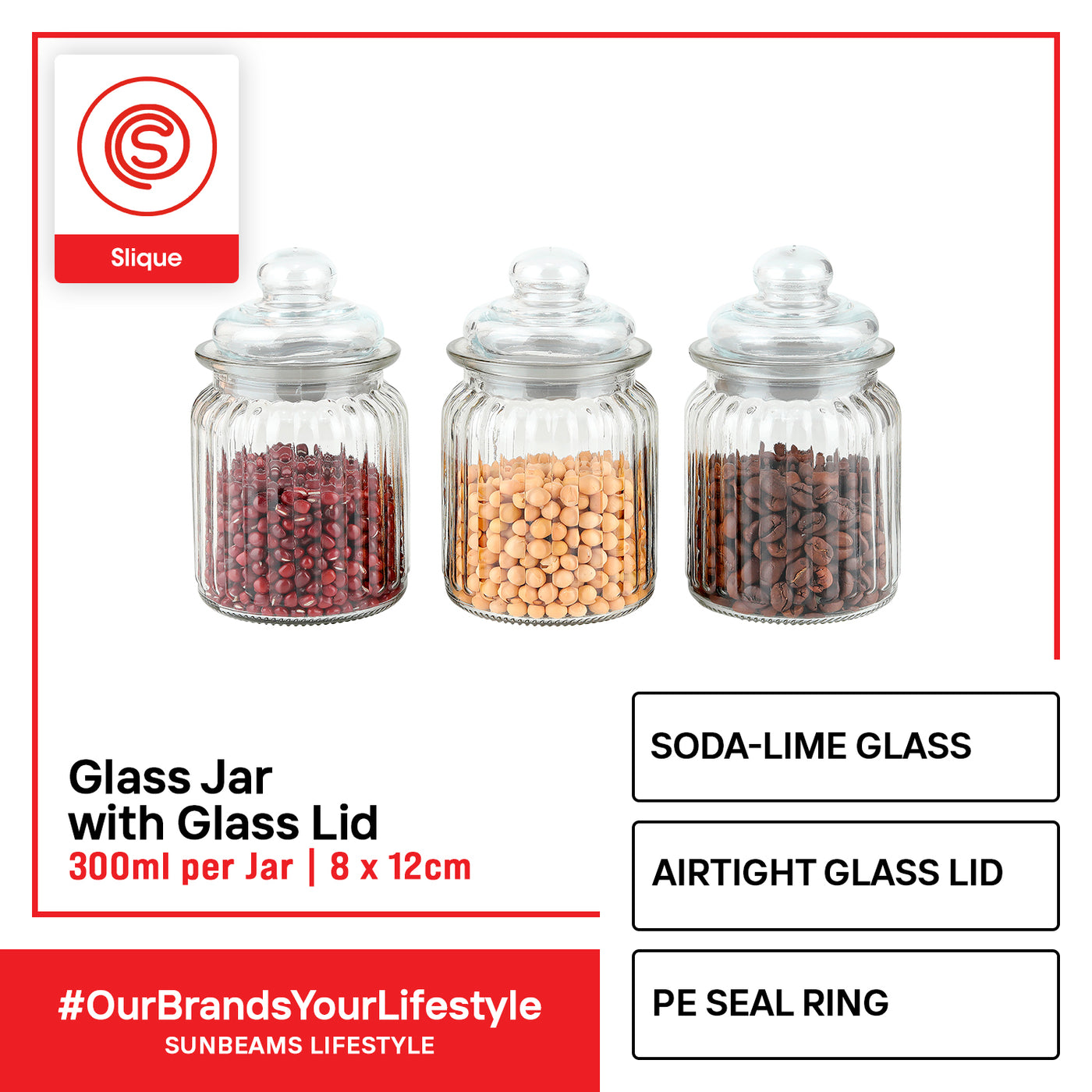 SLIQUE Glass Jar w/ Glass Lid | Ceramic Lid | Aluminum Lid [Set of 3]