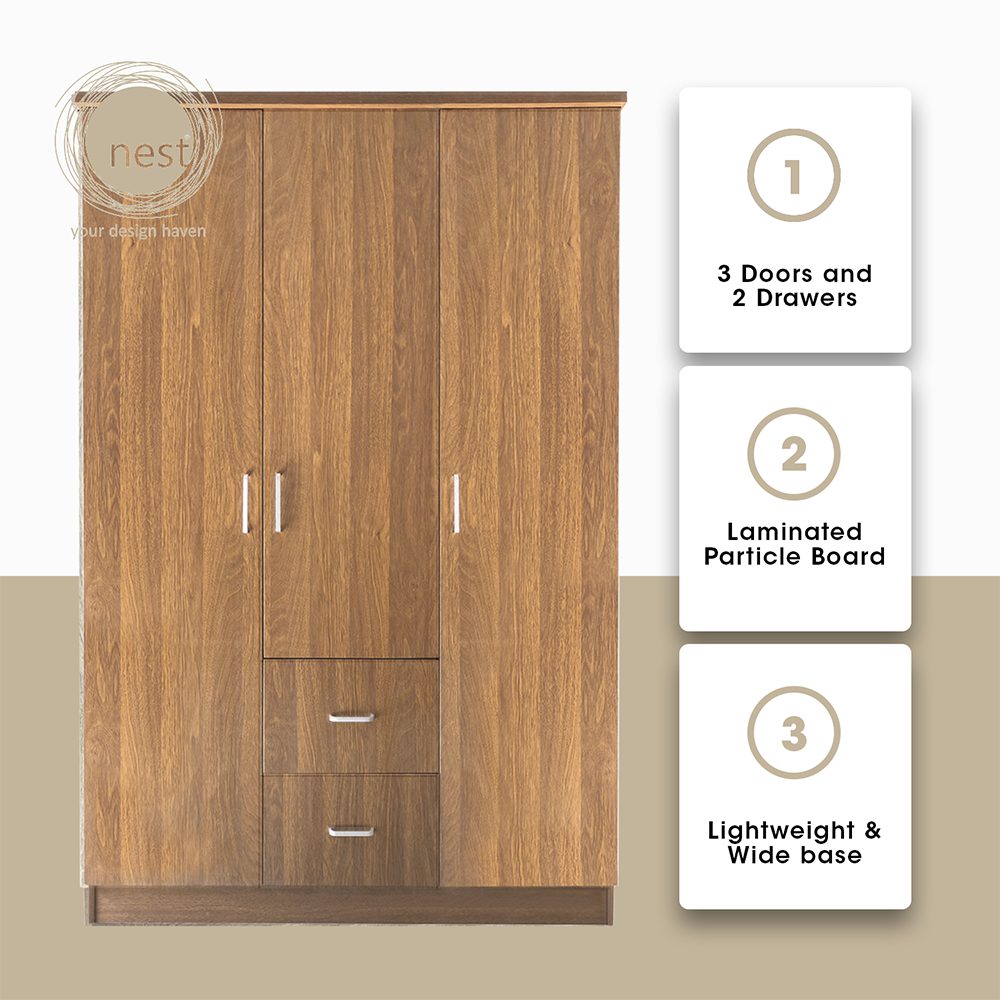 NEST DESIGN LAB Premium Wardrobe 3 Doors & 2 Drawers - Walnut