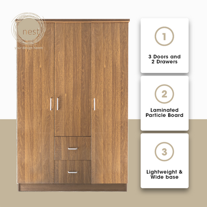 NEST DESIGN LAB Premium Wardrobe 3 Doors & 2 Drawers - Walnut