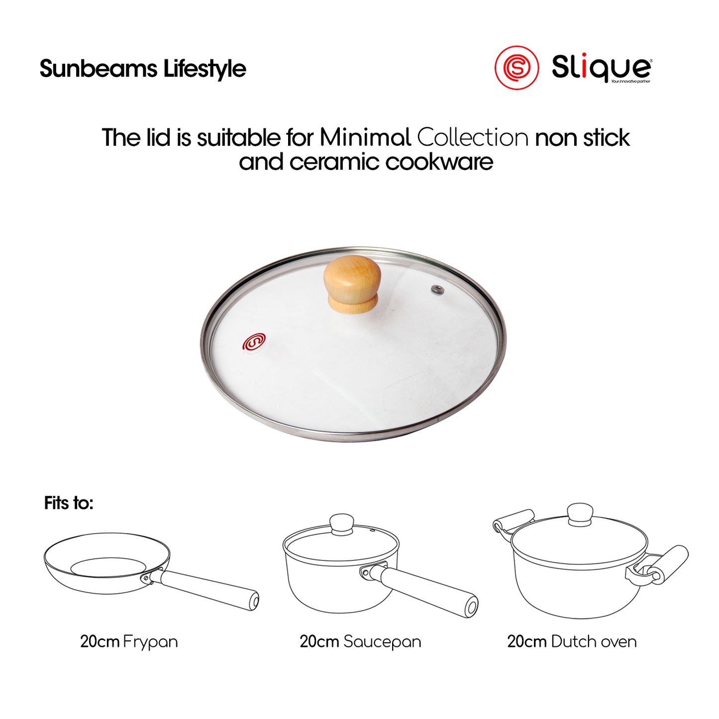 Slique Glass Lid Tempered Glass & Stainless Steel Rim with Wooden Knob