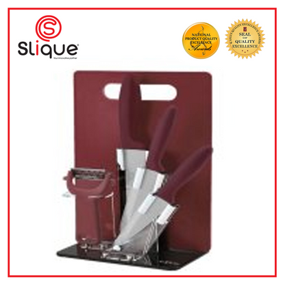 SLIQUE Premium Stainless Steel Kitchen Knife Block w/ Peeler Cutting Board Set of 6 (Red)