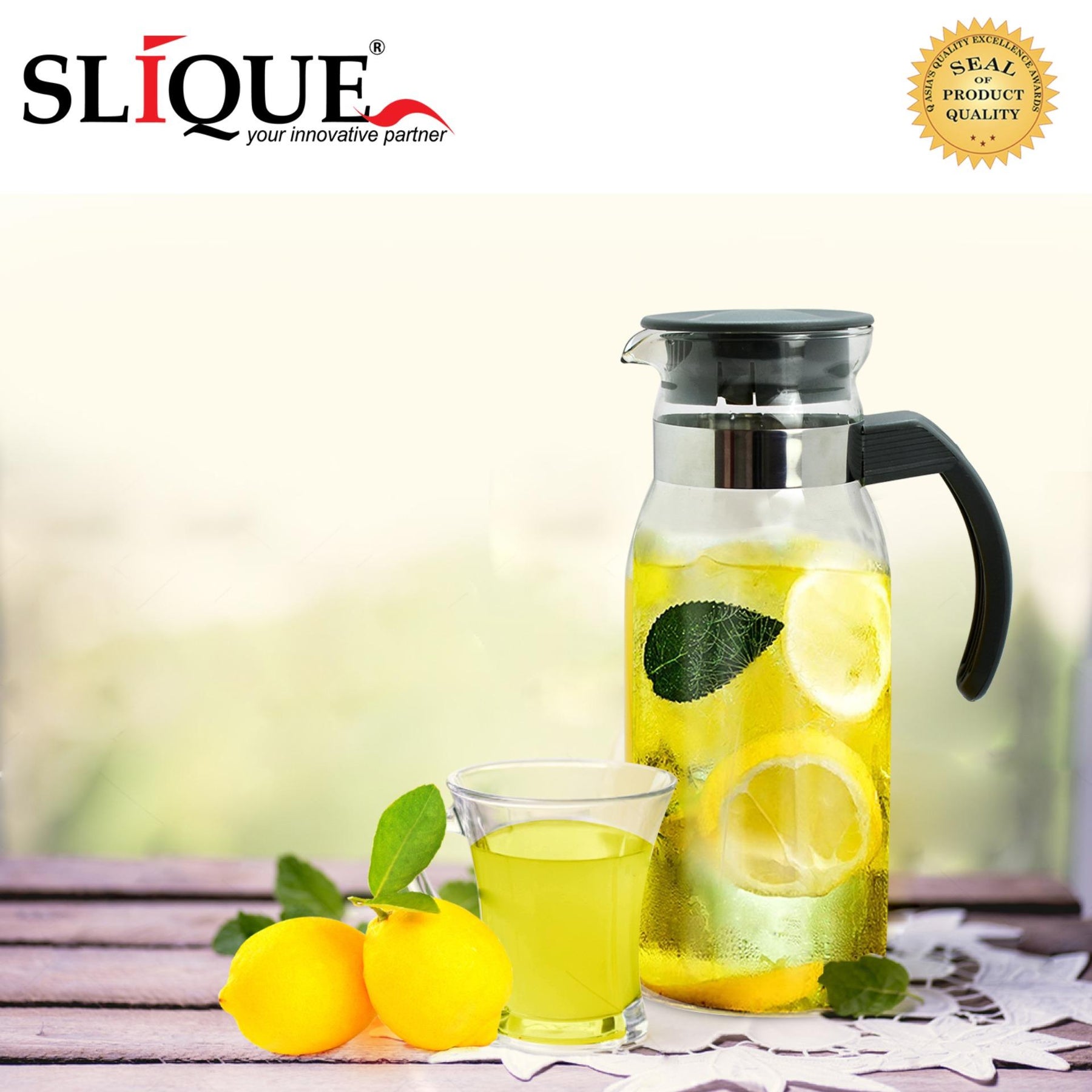 Slique Premium Glass Bottle W Cover Pitcher 1000ml Sunbeams Lifestyle 3147