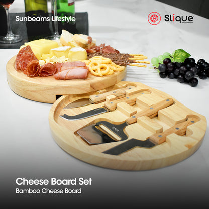 SLIQUE Premium Bamboo Cheese Board and Stainless Steel Cutlery Set of 5