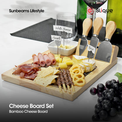 SLIQUE Premium Bamboo Cheese Board and Stainless Steel Cutlery Set Set of 10