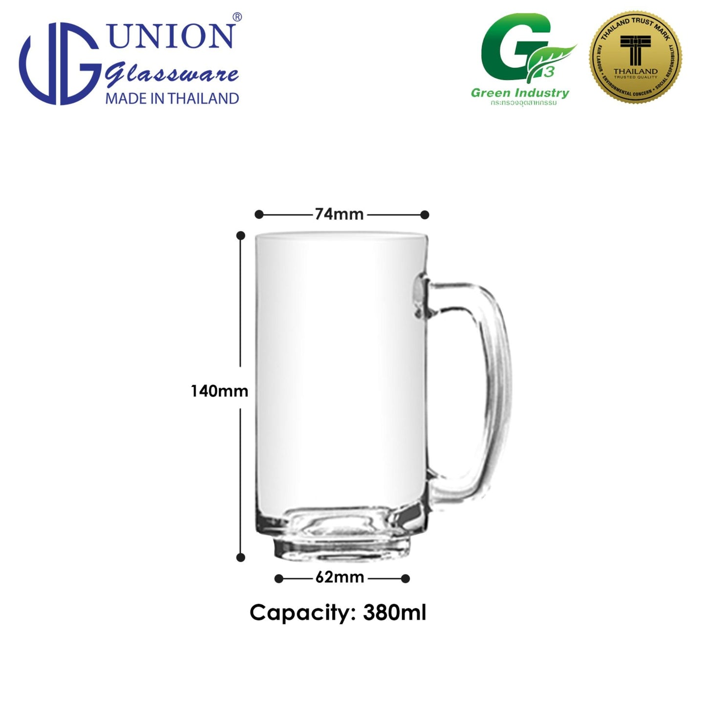 UNION GLASS Thailand Premium Clear Glass Beer Mug  Beer Lovers 380ml Set of 6