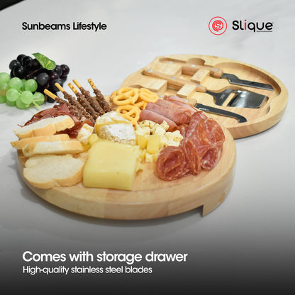 SLIQUE Premium Bamboo Cheese Board and Stainless Steel Cutlery Set of 5