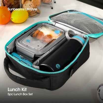 SLIQUE Premium Lunch Box Insulated Water Proof Thermal Bag w/ Detachable Shoulder Strap Set of 5 Black