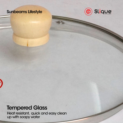 Slique Glass Lid Tempered Glass & Stainless Steel Rim with Wooden Knob