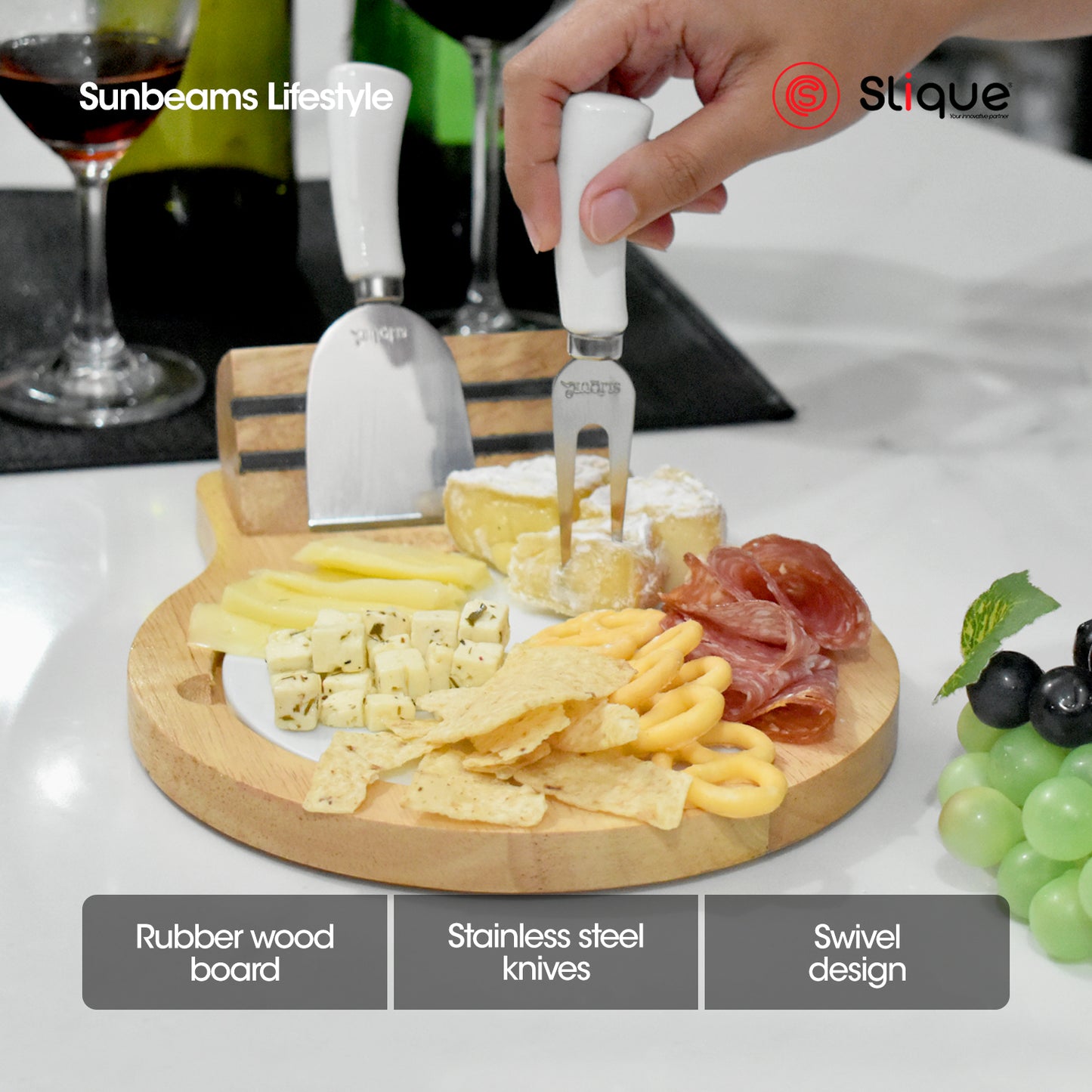 SLIQUE Premium Bamboo Cheese Board and Stainless Steel Cutlery Set of 4