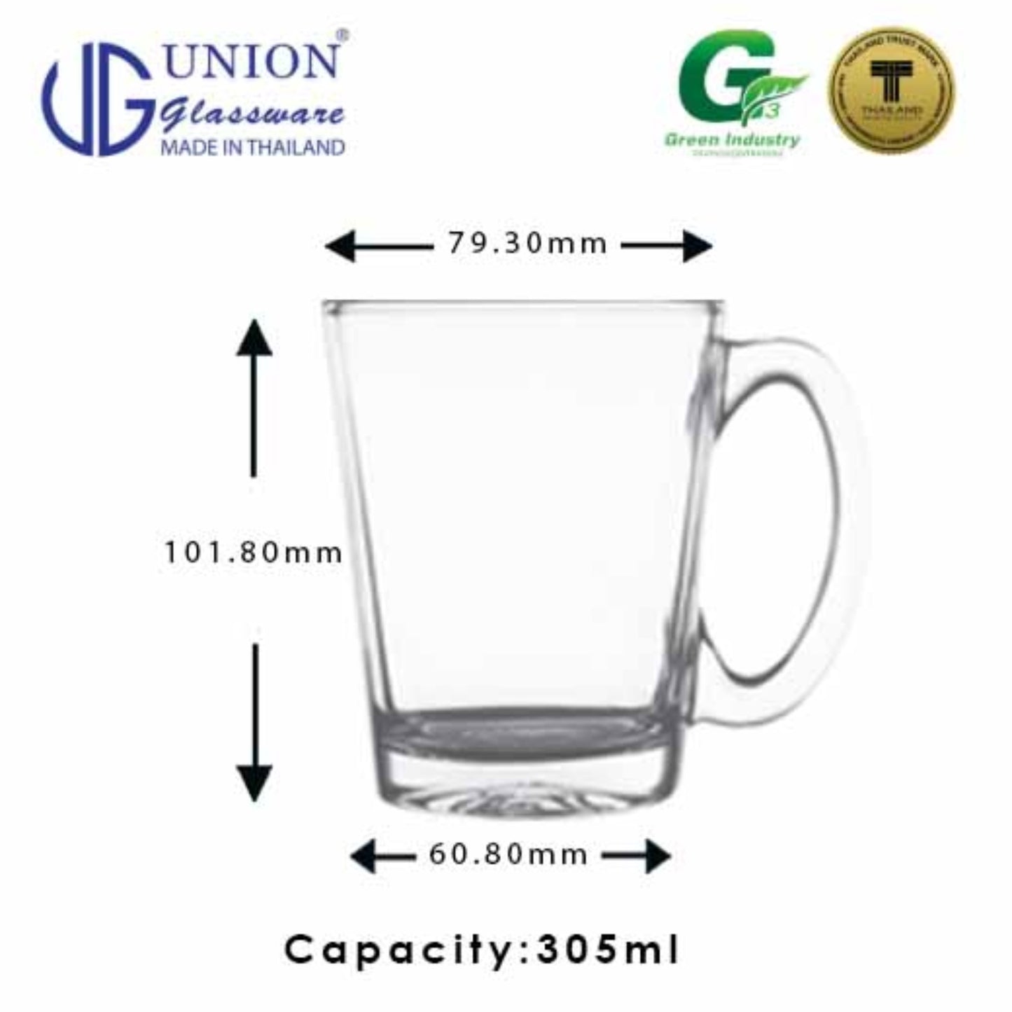 UNION GLASS Thailand Premium Clear Glass Cup Coffee, Tea, Hot Chocolate, Milk 305ml