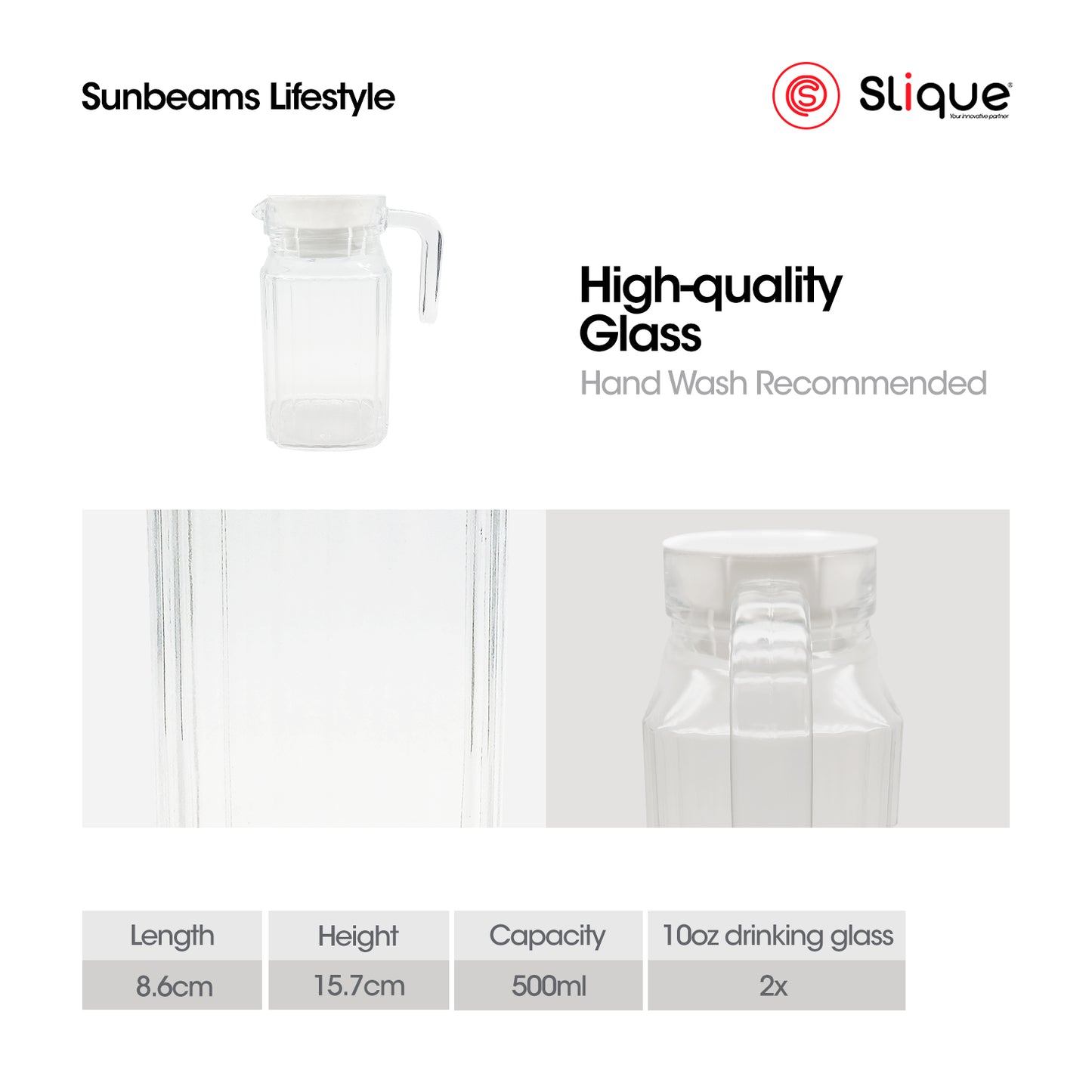 SLIQUE Premium Glass Pitcher w/ White Lid 500 ml, Line Collection