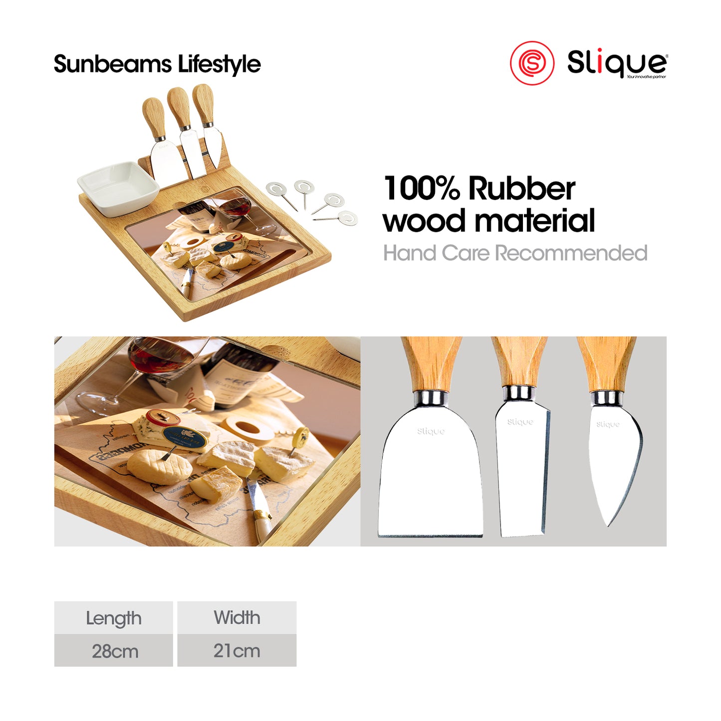 SLIQUE Premium Bamboo Cheese Board and Stainless Steel Cutlery Set Set of 10